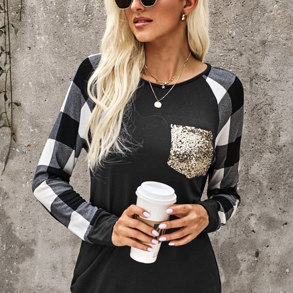 Tops - NEW! Black White Buffalo Check Sleeve Shirt Sequin